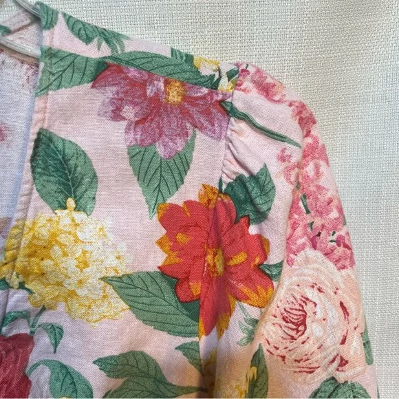 Old Navy Linen Floral Cottagecore Puff Sleeve Cut Out Midi Dress Size Medium - Picture 7 of 11